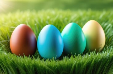 Fototapeta na wymiar Multi-colored eggs stand in a row on fresh green grass in summer