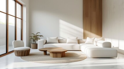 Fototapeta na wymiar Elegant minimalist living room with white sofa and natural light design