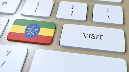 Ethiopia National Flag and Text Visit on Button. Visit Country 3D Illustration