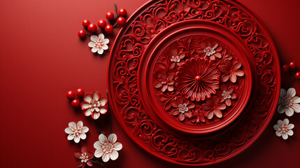 Chinese New Year decor on red background flowers and bluelo with pattern