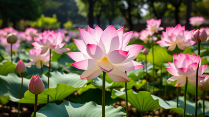 A Large Group of Pink Lotuses in a Pond