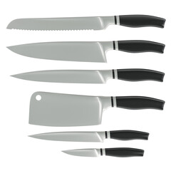 Set of kitchen knives, 3D rendering isolated on transparent background
