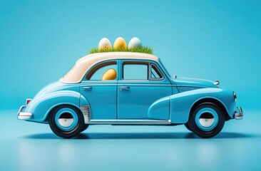 A blue retro car stands sideways on a blue background with a bed of multi-colored eggs. Easter card
