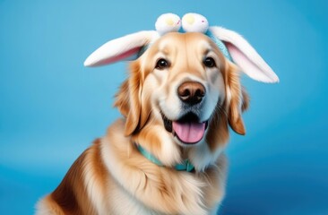 Happy Labrador dog with a bunny ear hoop on his head on a blue background