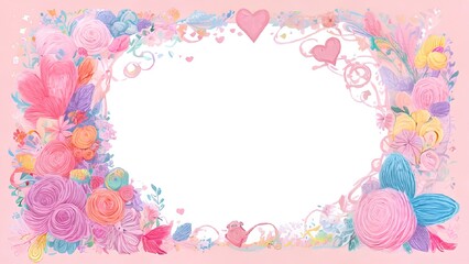 Festive composition on pink background with flowers, hearts, birthday, Valentine's Day, space for text in the center