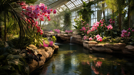 A Pond Filled With Flowers Inside a Greenhouse
