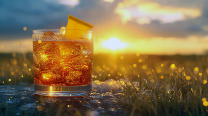 A refreshing cocktail at sunset, with the light casting a warm glow on the glass.
