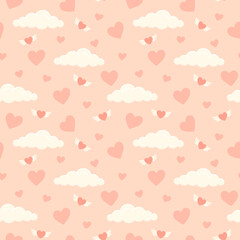 Seamless pattern with love hearts and clouds. Valentine's day pink vector illustration background. Cartoon element for holiday patterns, packaging, designs