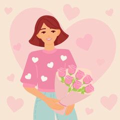 Valentine's day card with beautiful woman holding a bouquet of flowers. Romantic illustration of people dating and in love