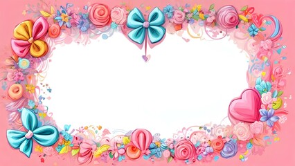 Fototapeta na wymiar Festive composition on pink background with flowers, hearts, birthday, Valentine's Day, space for text in the center