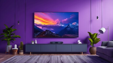 Modern home entertainment setup with large flat-screen TV in a stylish living room. - obrazy, fototapety, plakaty