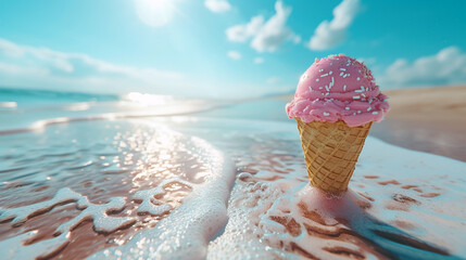 A hyper-realistic ice cream cone melting under the summer sun, with vivid colors.