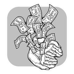 Big dollars banknotes money in your hands. Finance business, commerce, payment economy  theme for poster print, design elements. Take or give loan. Hand drawn illustration. Cartoon style drawing.