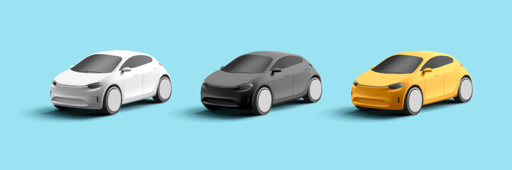 Set of modern 3d render car models, simplified shapes, big wheels, new generation car, yellow black and white colors © YarM