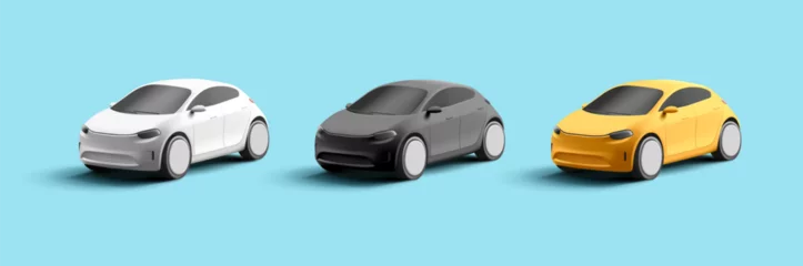 Fotobehang Set of modern 3d render car models, simplified shapes, big wheels, new generation car, yellow black and white colors © YarM