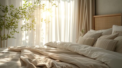 Serene bedroom ambiance with plush pillows and sunlight filtering through - obrazy, fototapety, plakaty