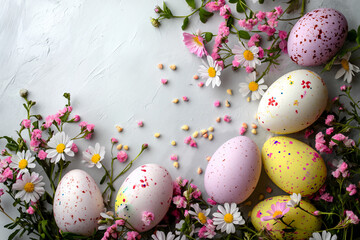 Fototapeta na wymiar Easter eggs with flowers on a light background, colorful eggs for Easter