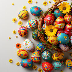 Fototapeta na wymiar Easter eggs with flowers on a light background, colorful eggs for Easter