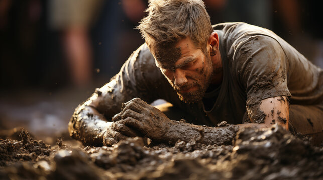 Falling person covered in mud, fully submerged in a body of water. Generative AI