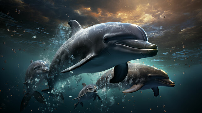 A group of dolphins gracefully swimming together in the vast ocean. Generative AI