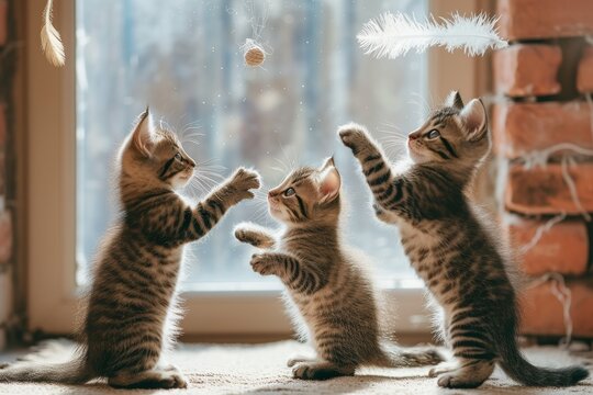Playful kittens pawing at a feather toy, their fluffy tails held high in excitement