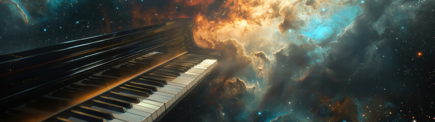 Piano with the universe as a background. musical of night. Fantasy scenery
