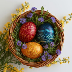Easter eggs with flowers on a light background, colorful eggs for Easter