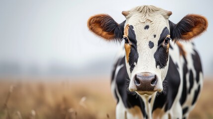 Close-up of a cow with distinctive markings exuding a serene farm life vibe