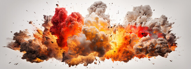 Spectacular colorful explosion with debris isolated on white background
