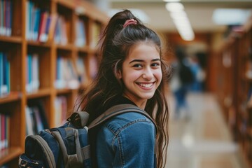 Smiling young female student with backpack standing in library aisle.