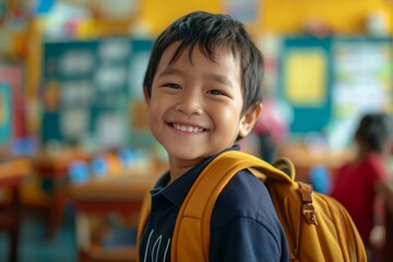 Happy schoolboy with backpack smiling in a colorful classroom setting.