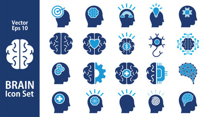 Brain icons collection, Contains mind, cognition, thinking and artificial intelligence vector design illustrations in a solid trendy style