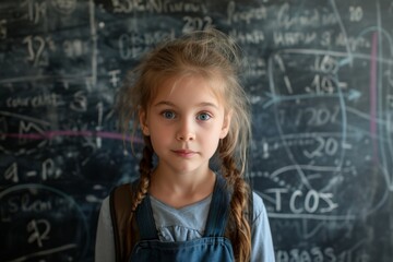 Young girl with braids standing in front of a chalkboard filled with mathematical equations.