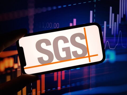 Konskie, Poland - January 31, 2024: SGS company logo displayed on mobile phone