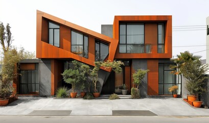 Fototapeta na wymiar An Innovative Modern Home with Bold Orange Accents and Geometric Lines Amidst Verdant Greenery - Architectural Contrast and Harmony