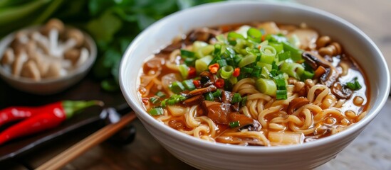 Delicious Traditional Chinese Cuisine: Savory Mushroom Soup and Flavorful Noodles