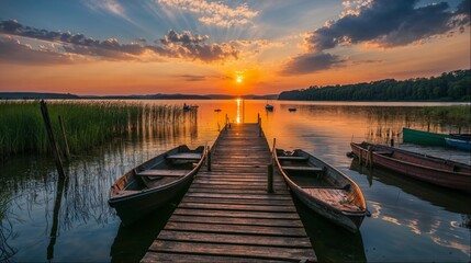 sunset over a pier on with boats on a lake