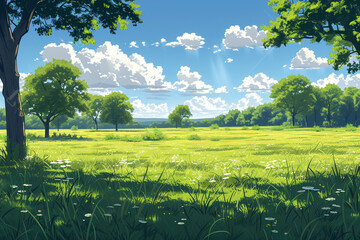 Fototapeta premium Sunny glade with dappled light through green trees and blue sky