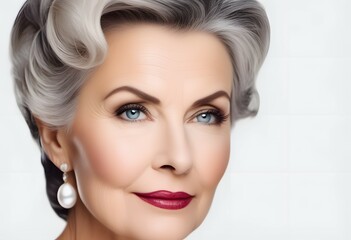 Beautiful mature middle aged woman in her 50s with short gray hair and jewelry posing for a photograph - Powered by Adobe
