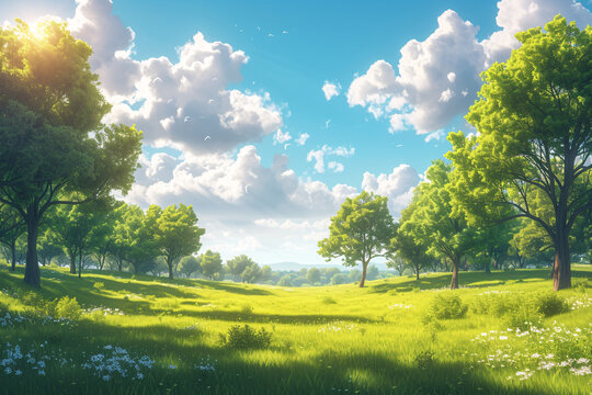 Bright meadow with trees under a sunny sky with fluffy clouds