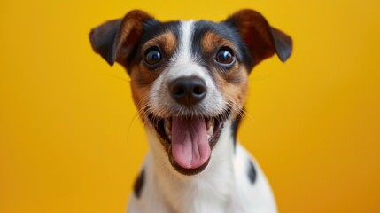 Funny cute puppy surprised wonder, shocked, creative minimal concept on yellow background. Wow! Hipster puppy dog amazed screaming in fashionable outfit for sale, shopping, advert