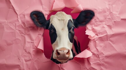 Funny cow peeks out through hole in the paper pink background, surprised wonder, creative minimal concept. Сow amazed for sale, poster, shopping, advert, veterinary clinic.