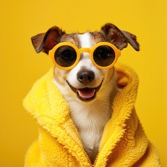 Funny cute puppy in yellow hoodie and sunglasses, creative minimal concept on yellow background. Hipster puppy dog in fashionable outfit for sale, shopping, advert