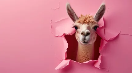 Photo sur Plexiglas Lama Funny lama peeks out through hole in the paper pink background, surprised wonder, creative minimal concept. Lama amazed for sale, poster, shopping, advert, veterinary clinic.