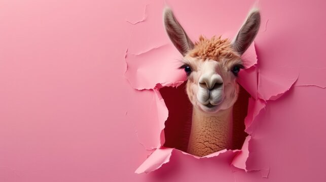 Funny lama peeks out through hole in the paper pink background, surprised wonder, creative minimal concept. Lama amazed for sale, poster, shopping, advert, veterinary clinic.