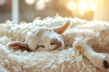 cute little goat sleeping on a pillow, warm soft bed. lamb, pet, daylight. Village, country house. Sun beams. Cozy and light. White and pink