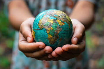 Hands holding small globe with focus on Africa