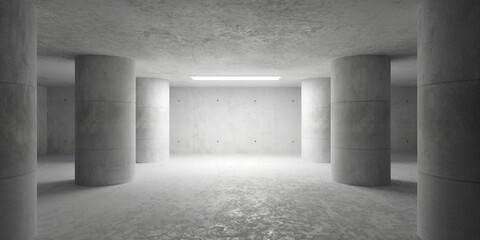 Abstract empty, modern concrete room with pillar rows, ceiling light and rough floor - industrial interior background template