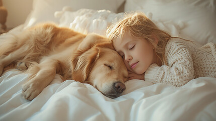 dolce bambino che dorme abbracciato al suo cane tra le candide coperte bianche del suo letto - obrazy, fototapety, plakaty