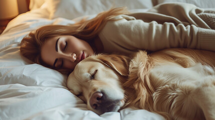 donna che dorme abbracciato al suo golden retriever  tra le candide coperte bianche del suo letto - obrazy, fototapety, plakaty